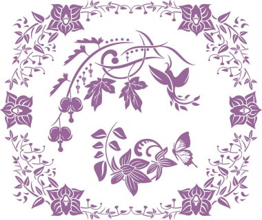 Çiçekler, orkideler, kelebekler, kobriler ve dekoratif girdaplarla süslenmiş zarif çiçek desenleri. Bahar ve yaz teması. Son derece temiz vektör çizgileri, vinil ve lazer hazır..