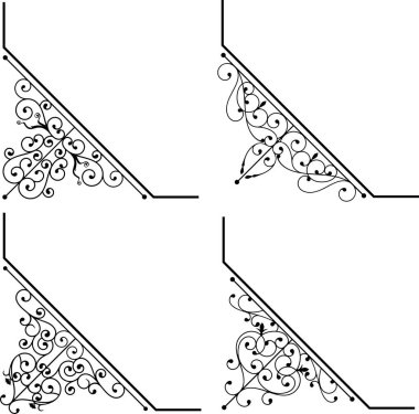 Antika dövmeli demir köşe süslemeleri ve tasarım elemanları, vektör serisi. Düğün davetiyesi filigranları. Enfes ve çok temiz işlenmiş demir süsleme seti, vinil ve lazer hazır..