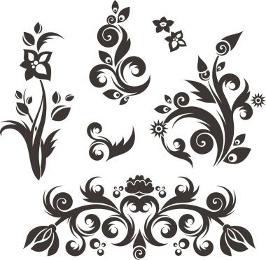 Tavus kuşu tüyleri, çiçekler, yapraklar ve girdaplarla süslenmiş Çin süslemeleri. Enfes dekoratif lüks tasarımlar, tipik Asya kültürel gelenekleri için. Siyah ve beyaz vinil hazır sanat.