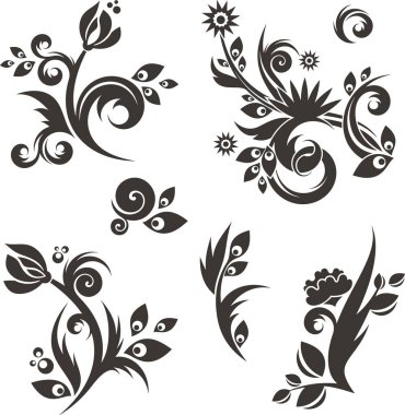 Tavus kuşu tüyleri, çiçekler, yapraklar ve girdaplarla süslenmiş Çin süslemeleri. Enfes dekoratif lüks tasarımlar, tipik Asya kültürel gelenekleri için. Siyah ve beyaz vinil hazır sanat.