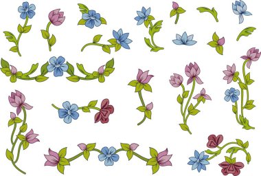 Düğün arkaplanları için vektörsel romantik çiçekler, sayfa dekorasyonları, kumaş, ipek ve eşarp desenleri. Kendi dizaynınız için retro dekoratif çiçek tasarımı öğeleri seti. Aşk konsepti.