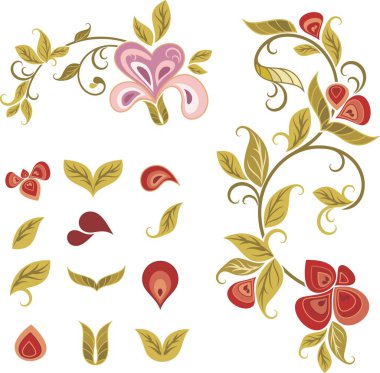 Düğün arkaplanları için vektörsel romantik çiçekler, sayfa dekorasyonları, kumaş, ipek ve eşarp desenleri. Kendi dizaynınız için retro dekoratif çiçek tasarımı öğeleri seti. Aşk konsepti.