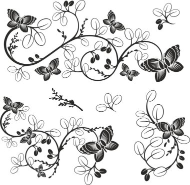 Geleneksel Japon çiçeklerinden oluşan vektör seti ve dalları ve kelebekleri olan Doğu dekoratif tasarımlar. Son derece temiz vektör çizgileri, vinil ve lazer hazır..