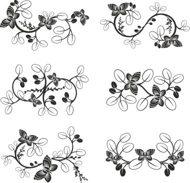 Geleneksel Japon çiçeklerinden oluşan vektör seti ve dalları ve kelebekleri olan Doğu dekoratif tasarımlar. Son derece temiz vektör çizgileri, vinil ve lazer hazır..