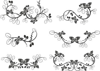 Geleneksel Japon çiçeklerinden oluşan vektör seti ve dalları ve kelebekleri olan Doğu dekoratif tasarımlar. Son derece temiz vektör çizgileri, vinil ve lazer hazır..