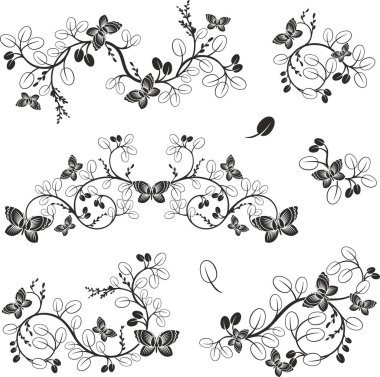 Geleneksel Japon çiçeklerinden oluşan vektör seti ve dalları ve kelebekleri olan Doğu dekoratif tasarımlar. Son derece temiz vektör çizgileri, vinil ve lazer hazır..