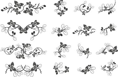 Geleneksel Japon çiçeklerinden oluşan vektör seti ve dalları ve kelebekleri olan Doğu dekoratif tasarımlar. Son derece temiz vektör çizgileri, vinil ve lazer hazır..