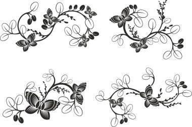 Geleneksel Japon çiçeklerinden oluşan vektör seti ve dalları ve kelebekleri olan Doğu dekoratif tasarımlar. Son derece temiz vektör çizgileri, vinil ve lazer hazır..