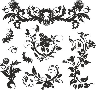 Çiçek vektörü, geleneksel Japon ve Çin stillerinde yapılmış çeşitli çiçek, yaprak ve girdaplarla süslü süsler. Enfes düğün dekorasyonu tasarımları, vinil ve lazer hazır.