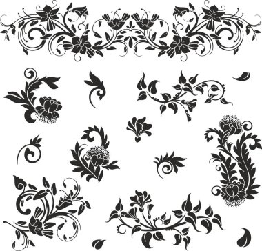 Çiçek vektörü, geleneksel Japon ve Çin stillerinde yapılmış çeşitli çiçek, yaprak ve girdaplarla süslü süsler. Enfes düğün dekorasyonu tasarımları, vinil ve lazer hazır.