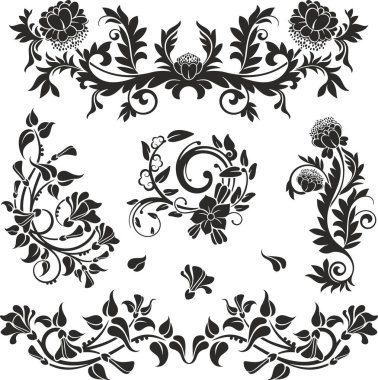 Çiçek vektörü, geleneksel Japon ve Çin stillerinde yapılmış çeşitli çiçek, yaprak ve girdaplarla süslü süsler. Enfes düğün dekorasyonu tasarımları, vinil ve lazer hazır.