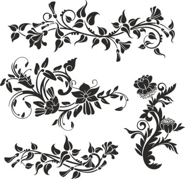 Çiçek vektörü, geleneksel Japon ve Çin stillerinde yapılmış çeşitli çiçek, yaprak ve girdaplarla süslü süsler. Enfes düğün dekorasyonu tasarımları, vinil ve lazer hazır.