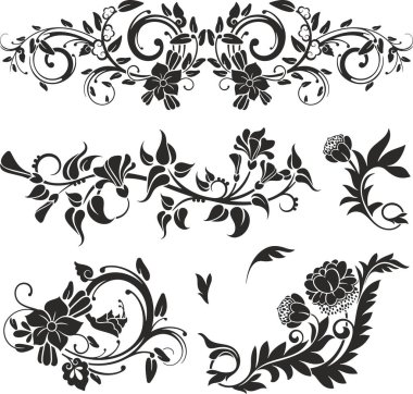 Çiçek vektörü, geleneksel Japon ve Çin stillerinde yapılmış çeşitli çiçek, yaprak ve girdaplarla süslü süsler. Enfes düğün dekorasyonu tasarımları, vinil ve lazer hazır.