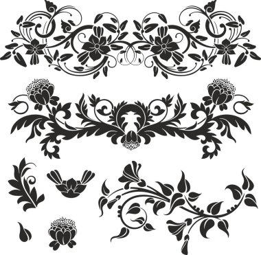 Çiçek vektörü, geleneksel Japon ve Çin stillerinde yapılmış çeşitli çiçek, yaprak ve girdaplarla süslü süsler. Enfes düğün dekorasyonu tasarımları, vinil ve lazer hazır.