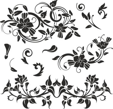 Çiçek vektörü, geleneksel Japon ve Çin stillerinde yapılmış çeşitli çiçek, yaprak ve girdaplarla süslü süsler. Enfes düğün dekorasyonu tasarımları, vinil ve lazer hazır.
