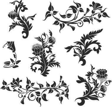 Çiçek vektörü, geleneksel Japon ve Çin stillerinde yapılmış çeşitli çiçek, yaprak ve girdaplarla süslü süsler. Enfes düğün dekorasyonu tasarımları, vinil ve lazer hazır.