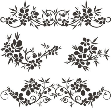 Çiçek vektörü, geleneksel Japon ve Çin stillerinde yapılmış çeşitli çiçek, yaprak ve girdaplarla süslü süsler. Enfes düğün dekorasyonu tasarımları, vinil ve lazer hazır.