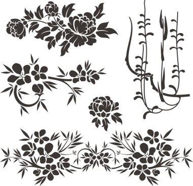 Çiçek vektörü, geleneksel Japon ve Çin stillerinde yapılmış çeşitli çiçek, yaprak ve girdaplarla süslü süsler. Enfes düğün dekorasyonu tasarımları, vinil ve lazer hazır.