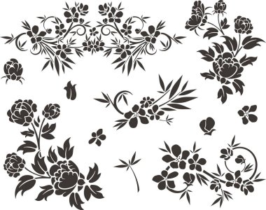 Çiçek vektörü, geleneksel Japon ve Çin stillerinde yapılmış çeşitli çiçek, yaprak ve girdaplarla süslü süsler. Enfes düğün dekorasyonu tasarımları, vinil ve lazer hazır.