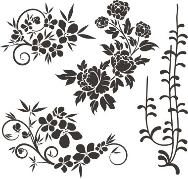 Çiçek vektörü, geleneksel Japon ve Çin stillerinde yapılmış çeşitli çiçek, yaprak ve girdaplarla süslü süsler. Enfes düğün dekorasyonu tasarımları, vinil ve lazer hazır.