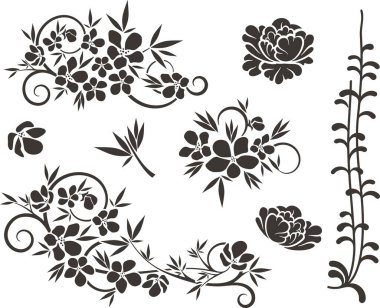 Çiçek vektörü, geleneksel Japon ve Çin stillerinde yapılmış çeşitli çiçek, yaprak ve girdaplarla süslü süsler. Enfes düğün dekorasyonu tasarımları, vinil ve lazer hazır.