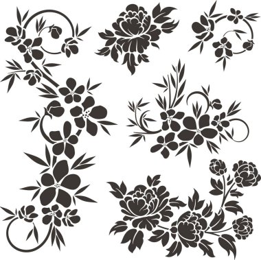 Çiçek vektörü, geleneksel Japon ve Çin stillerinde yapılmış çeşitli çiçek, yaprak ve girdaplarla süslü süsler. Enfes düğün dekorasyonu tasarımları, vinil ve lazer hazır.