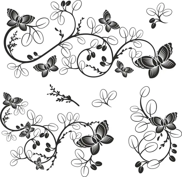 Geleneksel Japon çiçeklerinden oluşan vektör seti ve dalları ve kelebekleri olan Doğu dekoratif tasarımlar. Son derece temiz vektör çizgileri, vinil ve lazer hazır..