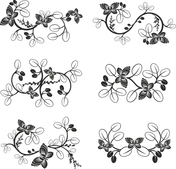 Geleneksel Japon çiçeklerinden oluşan vektör seti ve dalları ve kelebekleri olan Doğu dekoratif tasarımlar. Son derece temiz vektör çizgileri, vinil ve lazer hazır..