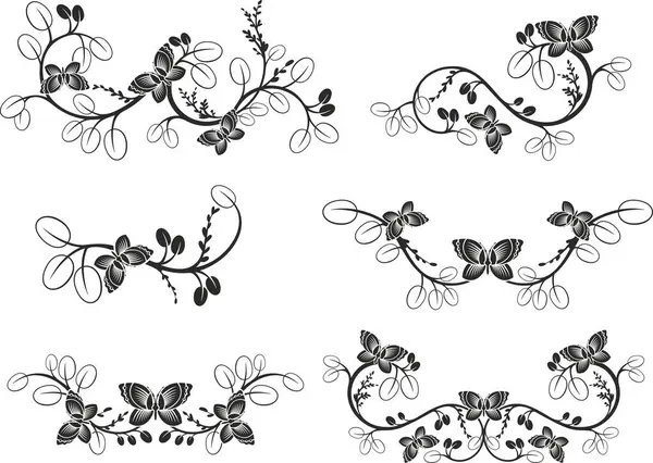 Geleneksel Japon çiçeklerinden oluşan vektör seti ve dalları ve kelebekleri olan Doğu dekoratif tasarımlar. Son derece temiz vektör çizgileri, vinil ve lazer hazır..