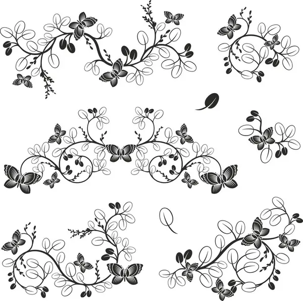 Geleneksel Japon çiçeklerinden oluşan vektör seti ve dalları ve kelebekleri olan Doğu dekoratif tasarımlar. Son derece temiz vektör çizgileri, vinil ve lazer hazır..