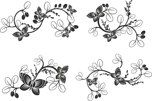 Geleneksel Japon çiçeklerinden oluşan vektör seti ve dalları ve kelebekleri olan Doğu dekoratif tasarımlar. Son derece temiz vektör çizgileri, vinil ve lazer hazır..