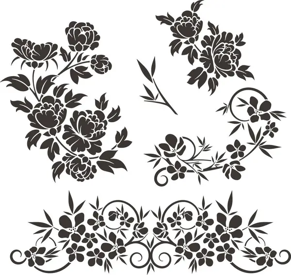 Çiçek vektörü, geleneksel Japon ve Çin stillerinde yapılmış çeşitli çiçek, yaprak ve girdaplarla süslü süsler. Enfes düğün dekorasyonu tasarımları, vinil ve lazer hazır.