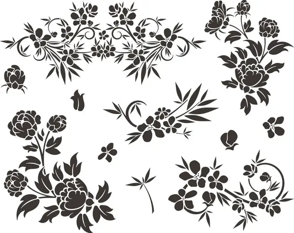 Çiçek vektörü, geleneksel Japon ve Çin stillerinde yapılmış çeşitli çiçek, yaprak ve girdaplarla süslü süsler. Enfes düğün dekorasyonu tasarımları, vinil ve lazer hazır.