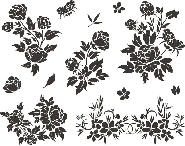 Çiçek vektörü, geleneksel Japon ve Çin stillerinde yapılmış çeşitli çiçek, yaprak ve girdaplarla süslü süsler. Enfes düğün dekorasyonu tasarımları, vinil ve lazer hazır.