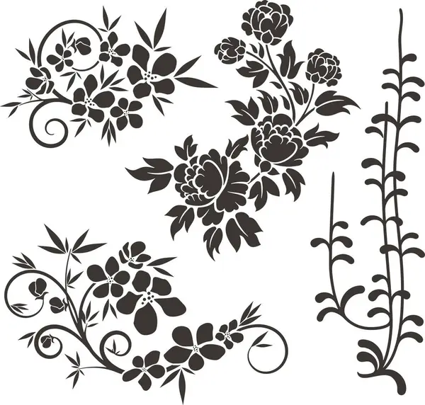 Çiçek vektörü, geleneksel Japon ve Çin stillerinde yapılmış çeşitli çiçek, yaprak ve girdaplarla süslü süsler. Enfes düğün dekorasyonu tasarımları, vinil ve lazer hazır.