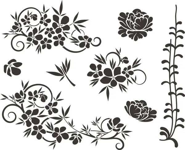Çiçek vektörü, geleneksel Japon ve Çin stillerinde yapılmış çeşitli çiçek, yaprak ve girdaplarla süslü süsler. Enfes düğün dekorasyonu tasarımları, vinil ve lazer hazır.