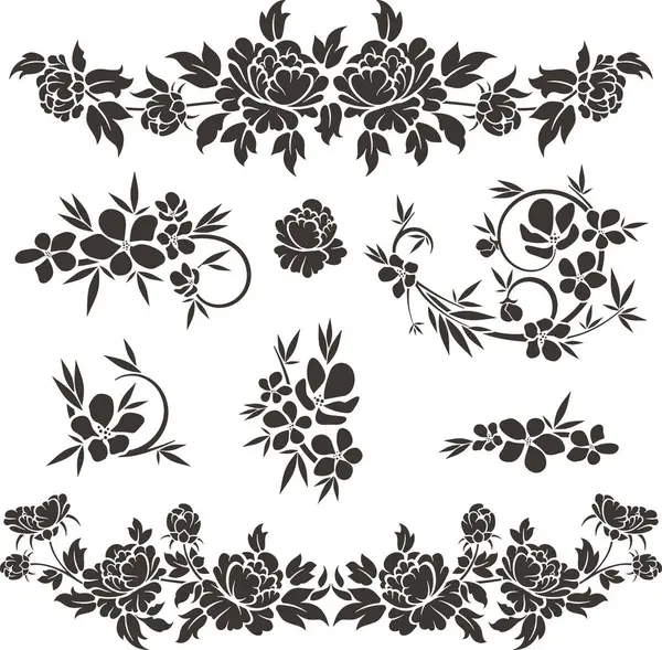 Çiçek vektörü, geleneksel Japon ve Çin stillerinde yapılmış çeşitli çiçek, yaprak ve girdaplarla süslü süsler. Enfes düğün dekorasyonu tasarımları, vinil ve lazer hazır.