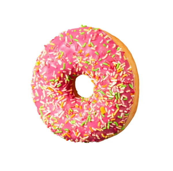 Beyaz Arka Planda Pembe Kremalı Serpiştirilmiş Mükemmel Donut — Stok fotoğraf