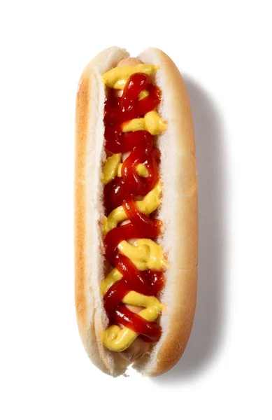 Hot Dog Μουστάρδα Και Κέτσαπ Top View Απομονωθεί Λευκό Φόντο — Φωτογραφία Αρχείου