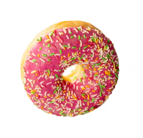 Donut Decorado Con Chispas Colores Aislado Sobre Fondo Blanco Vuelo — Foto de Stock