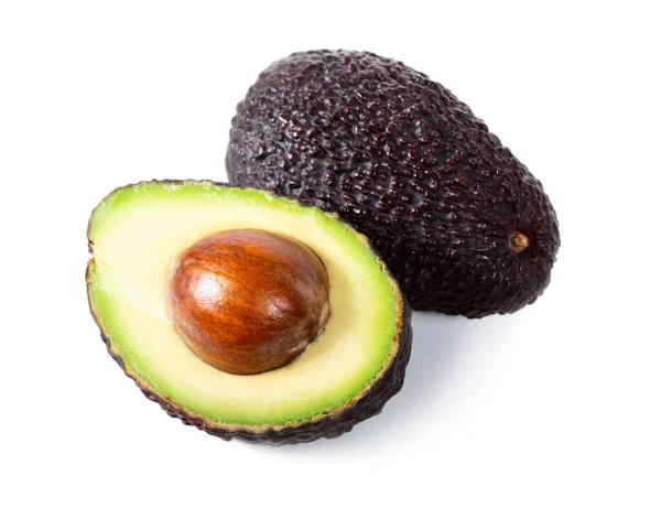 Hass Avocadofrucht Und Eine Hälfte Isoliert Auf Weißem Hintergrund Stockbild