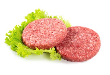 Raw burgers, minced meat isolated on white background