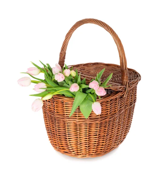 Bouquet Pink Tulips Basket Isolated White Background — Stock Photo, Image