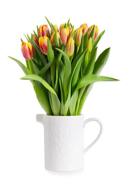 Bouquet Red Yellow Tulips White Pot Isolated White Background — Stock Photo, Image