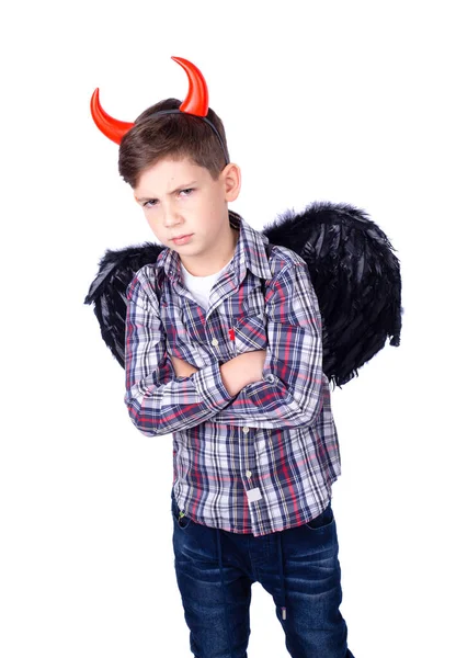 Kleiner Junge Mit Teufelskostüm Auf Weißem Hintergrund — Stockfoto