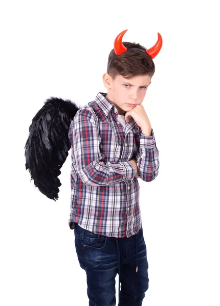 Маленький Мальчик Костюме Дьявола Белом Фоне — стоковое фото