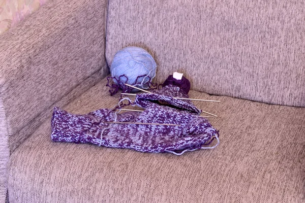 Armchair Lies Knitted Woolen Sock Threads Knitting Needles — Stock Photo, Image