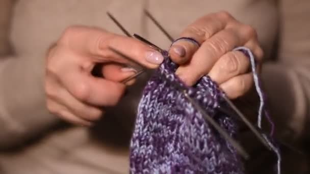 女性の手は 寒い日に 冬にそれを着用する毛糸から4本の編み針で靴下を編んでいます — ストック動画