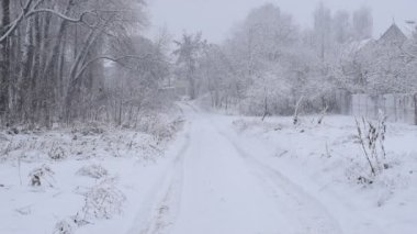 Kış. Yağan kar kırsal bir yolu ve tarlaları kaplıyor..