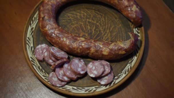 Sausage Cut Pieces Lies Clay Rotating Plate Close — Wideo stockowe